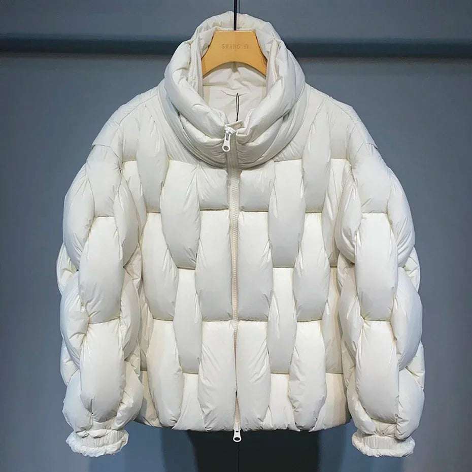 Unisex Thick Parka Jacket: Square Weave High Collar Warm Puffer Coat