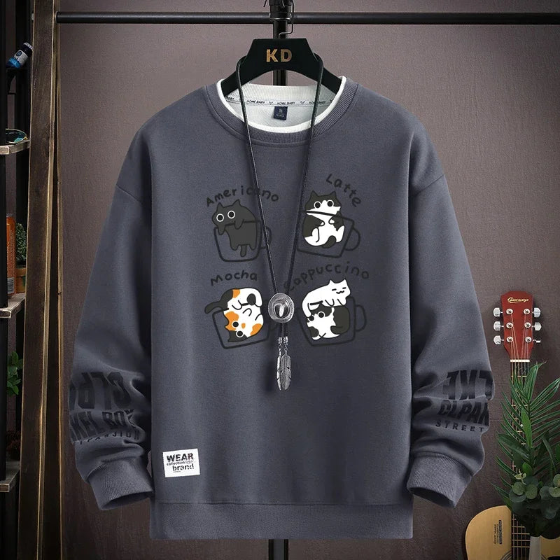 Men's Sweater with Japanese Cartoon Cat Print - Various Colors