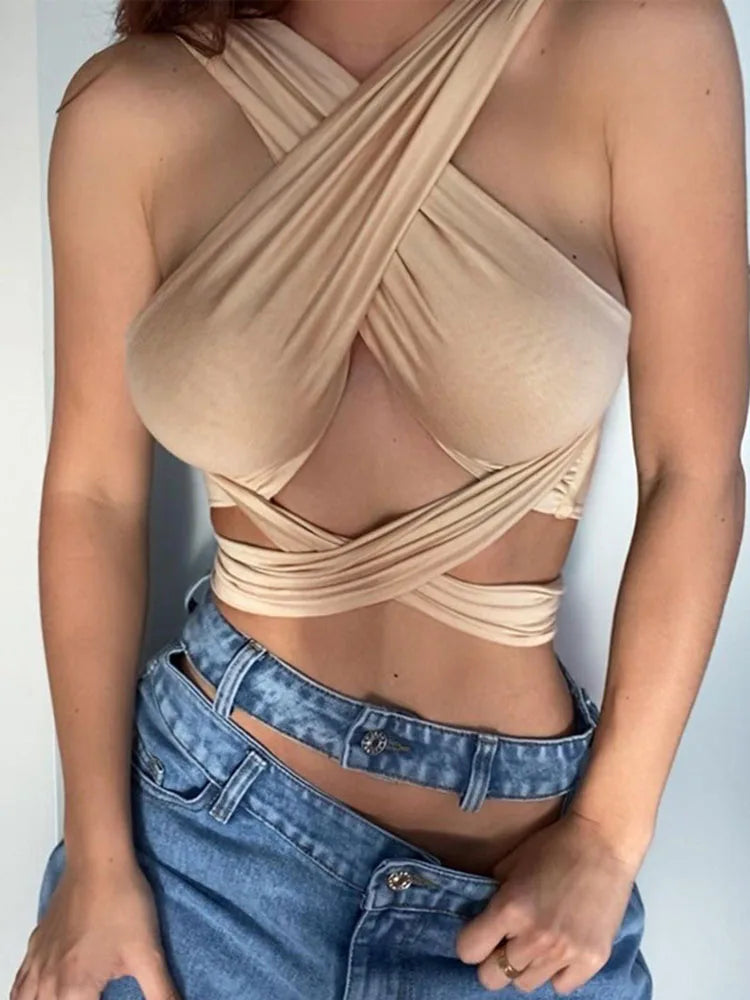 Women's Halter Neck Backless Wrap Crop Top - Various Colors