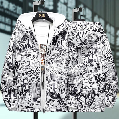 Men's Reversible Graffiti Print Hooded Jacket