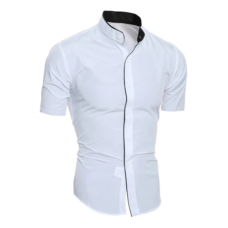 Short-Sleeve Slim Fit Men's Shirt with Stand-Up Collar