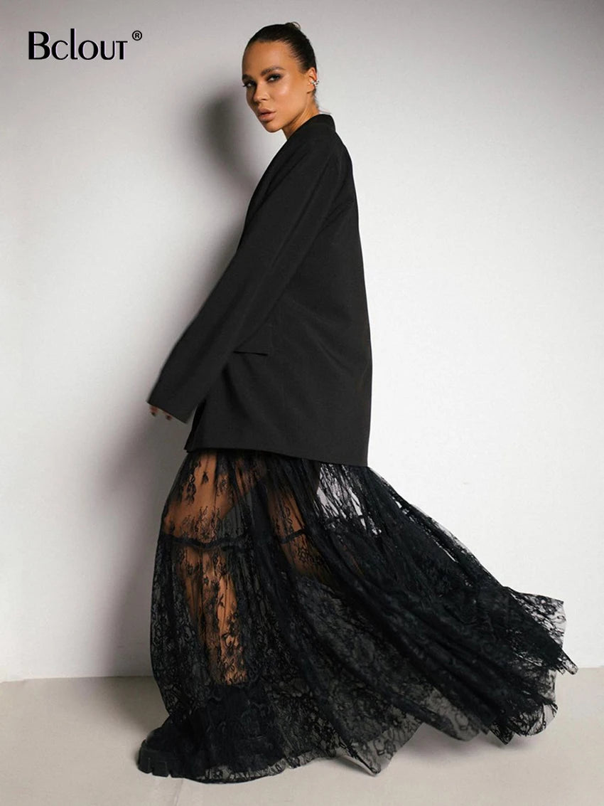 Chic Long Transparent Black Lace Skirt for Women