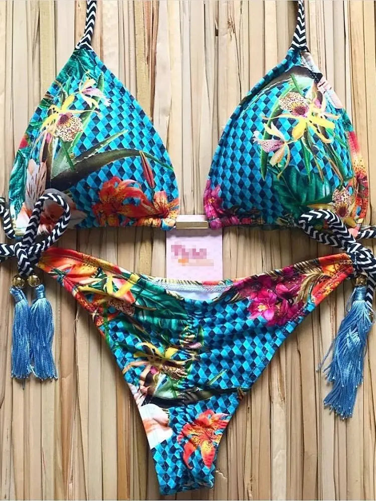 Feather Print Micro Bikini Set for Women – Stylish Bandage Swimwear