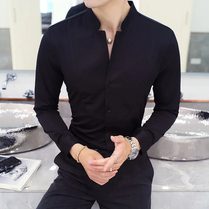 Slim Fit Long Sleeve Stand Collar Shirt for Men - Various Colors