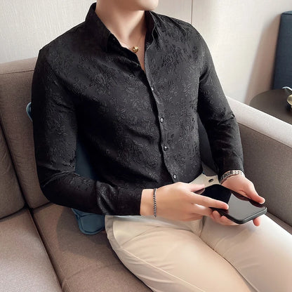 Elegant Vintage Jacquard Long Sleeve Fitted Shirt - Various Colors