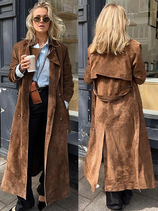 Women's Long Faux Suede Trench Coat with Belt