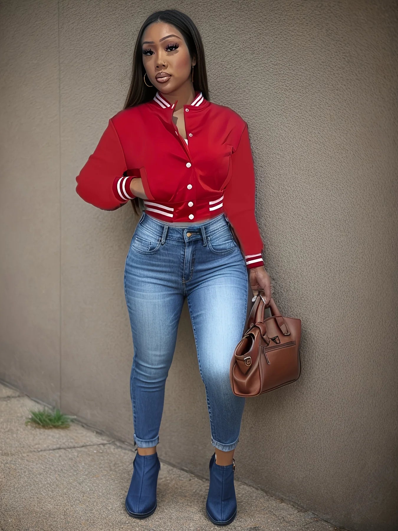 Women's Single-Breasted Lettered Baseball Jacket