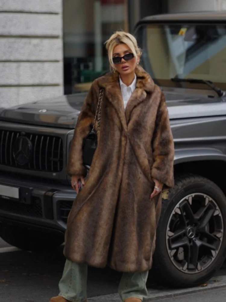 Women's Long Plush Faux Fur Coat with Lapel