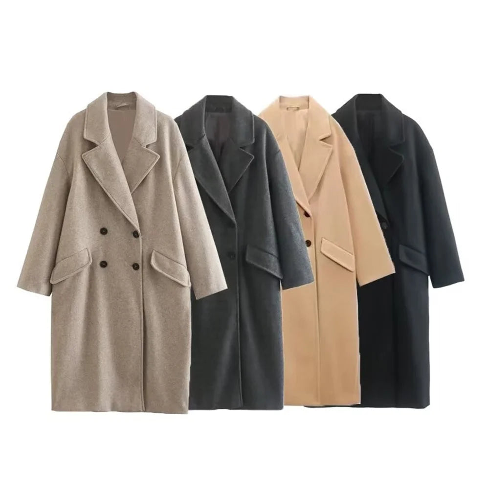 Women's Long Woollen Coat with Flip Collar and Button Closure