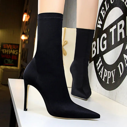 Satin Pointed Toe Short Ankle Boots with Low Heels for Women - Various Colors