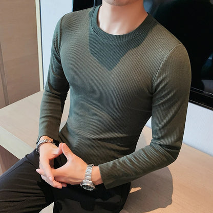 Slim Fit Striped Long Sleeve Sweater with Round Neck - Various Colors