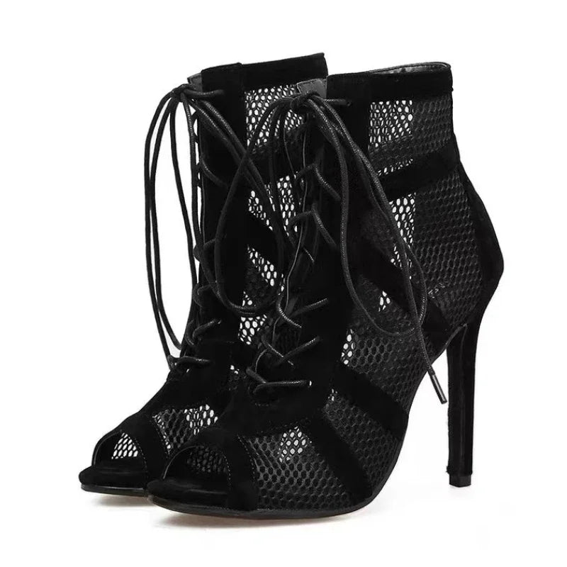 Women's Hollow Mesh Cross-Tied Peep Toe Heels with Ankle Strap