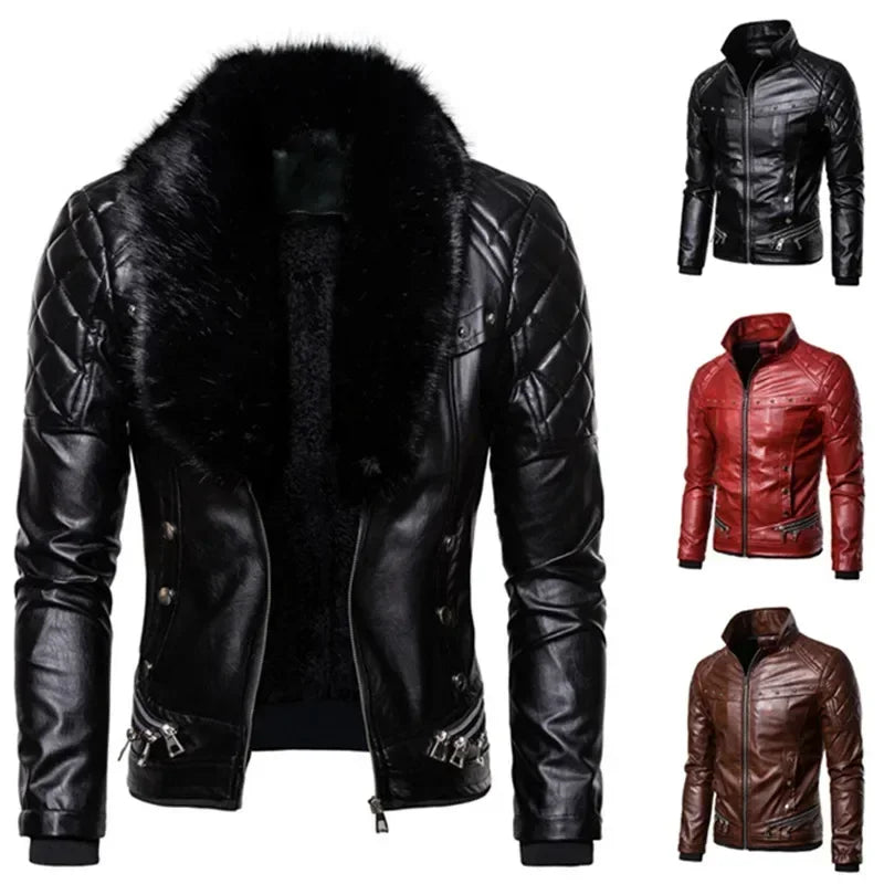 Men's Removable Suede Collar Slim Fit Warm Faux Leather Jacket