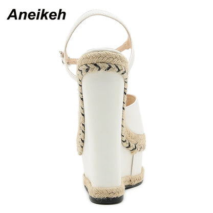 Aneikeh Women's PU Platform Buckle Heels with Woven Slope Design