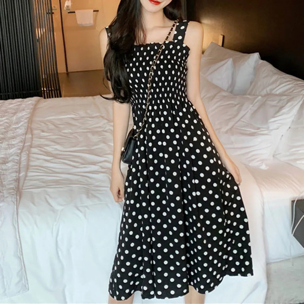 Casual Sleeveless Loose Polka Dot Shoulder Dresses for Women