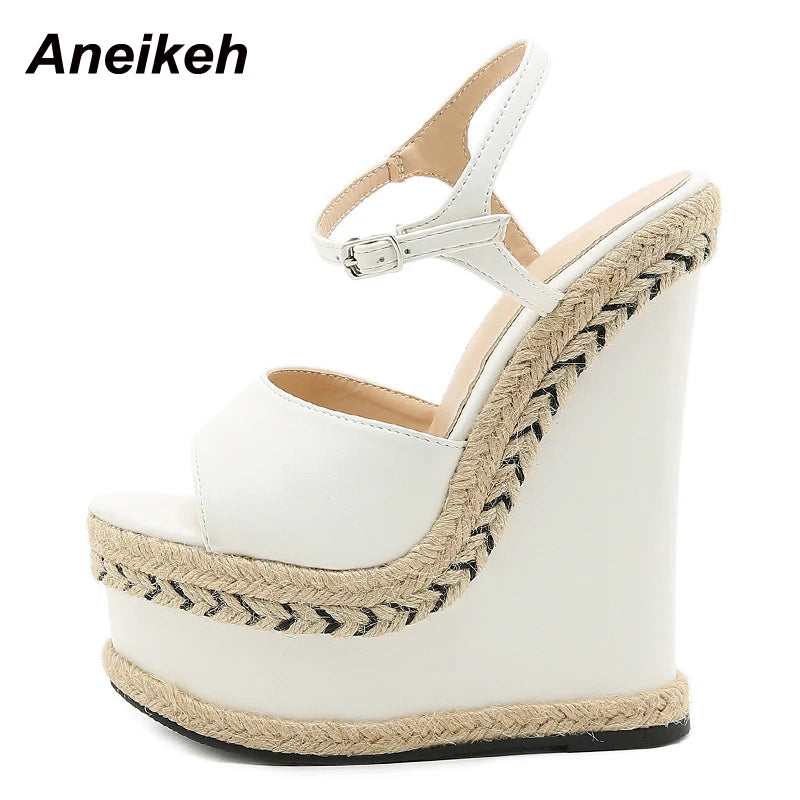 Aneikeh Women's PU Platform Buckle Heels with Woven Slope Design