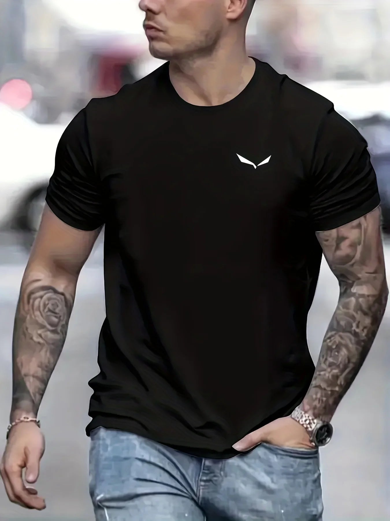 Men's Casual Short Sleeve T-Shirt - Cotton Bird Print, Slim Fit, Loose Size, Round Neck