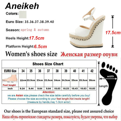 Aneikeh Women's PU Platform Buckle Heels with Woven Slope Design