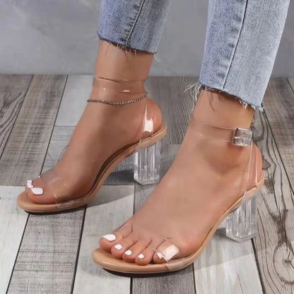 Womens Transparent PVC Jelly Chunky Heels