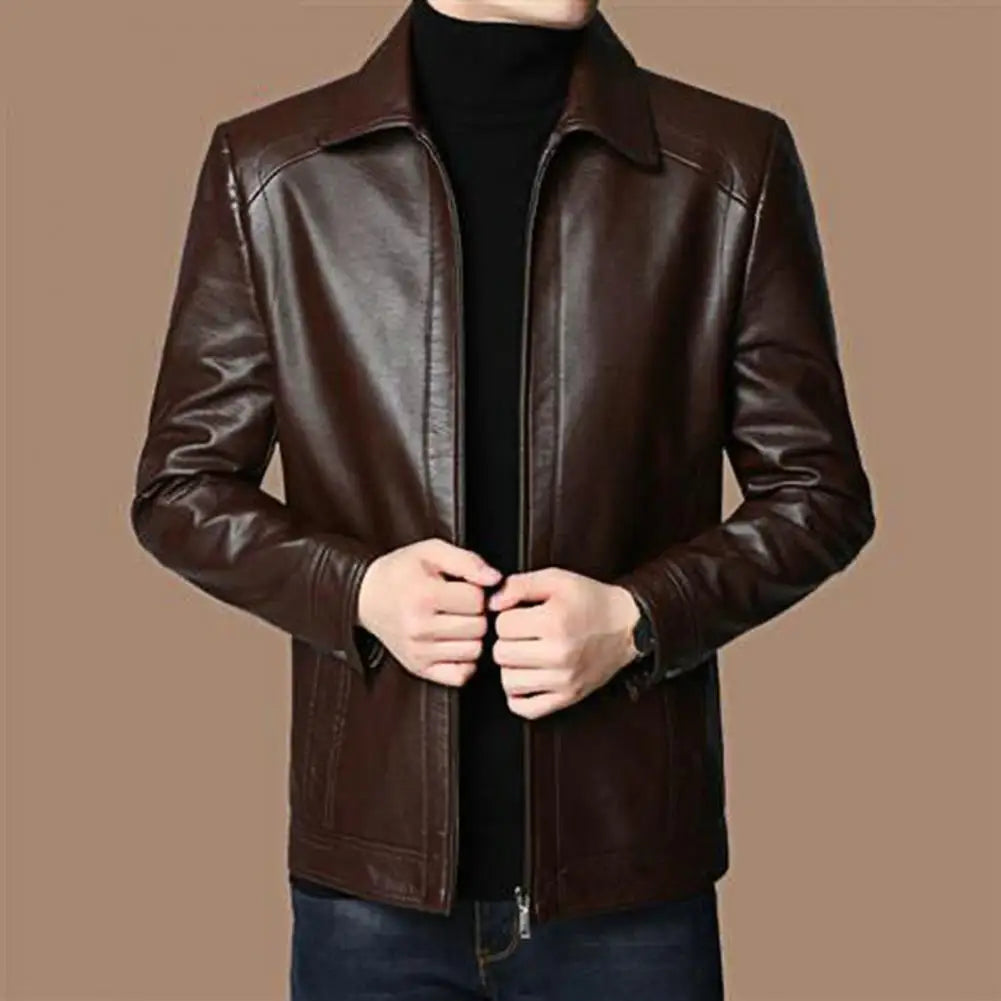 Men's Faux Leather Jacket with Stand Collar and Thick Warm Lining