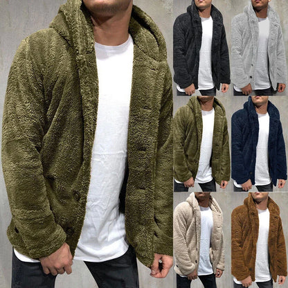 Men's Warm Plush Hooded Cardigan - Long Sleeve