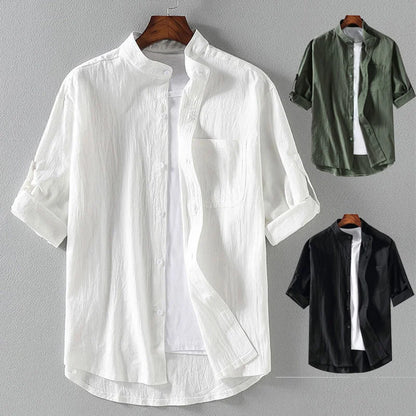 Men's Short-Sleeve Shirt with Stand Collar