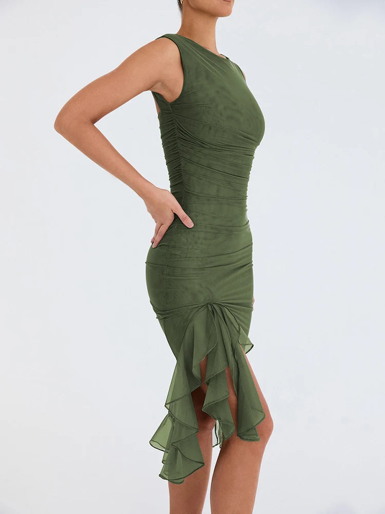 Backless Sleeveless Midi Dress with Elegant Ruffle and Ruched Design for Women