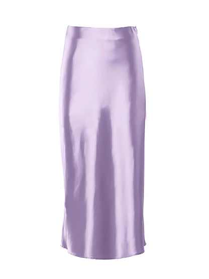 Elegant High-Waisted Long Faux Silk Skirt for Women - Various Colors