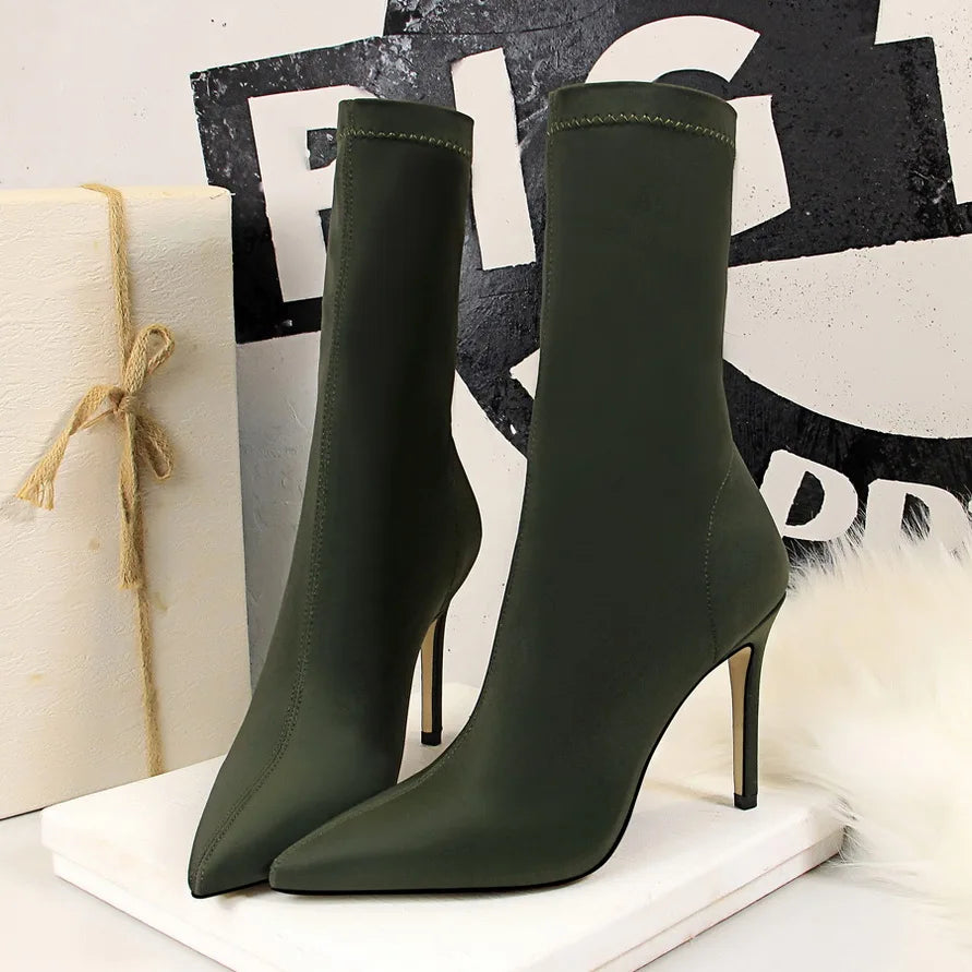 Satin Pointed Toe Short Ankle Boots with Low Heels for Women - Various Colors