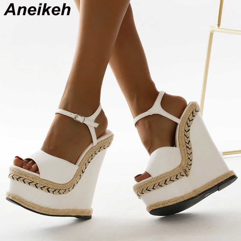 Aneikeh Women's PU Platform Buckle Heels with Woven Slope Design