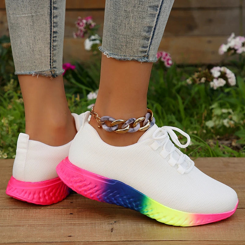 Rainbow Sole Women's Sneakers  - Breathable Mesh Platform Sports Shoes - Non-Slip Lace-Up Design