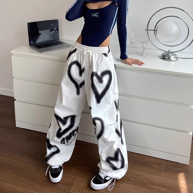 Women’s High-Waisted Wide Leg Joggers with Love Heart Graffiti Print