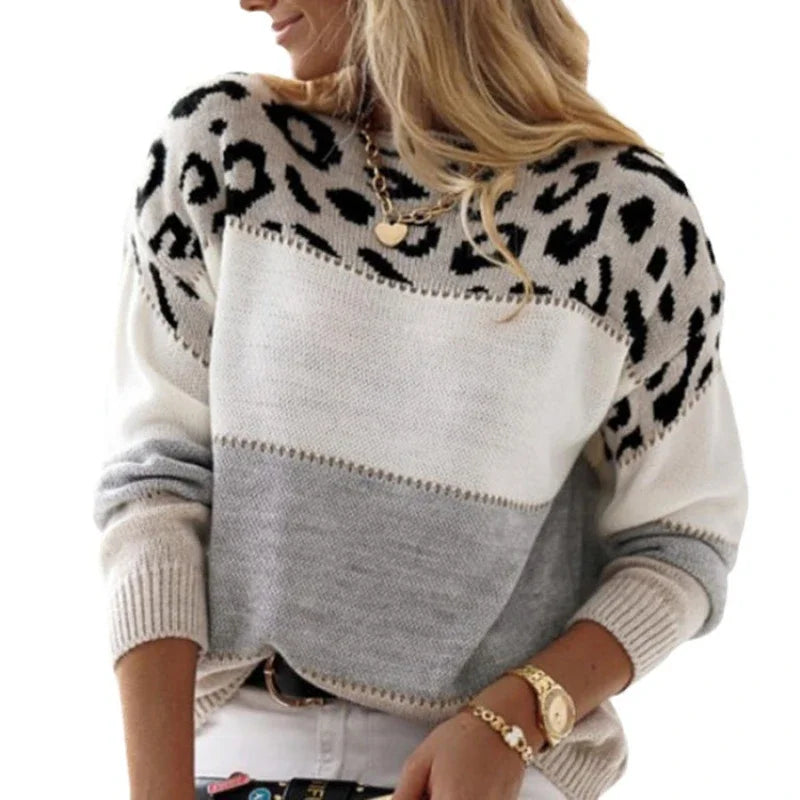 Leopard Print Long Sleeve Knitted Sweater for Women - Various Colors