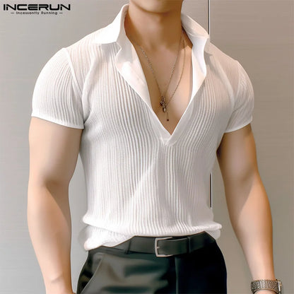 INCERUN Men's V-Neck Striped Slim Fit Short Sleeve Shirt