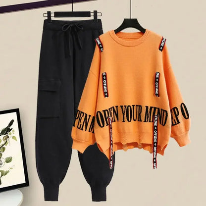 Women's Elegant Two-Piece Tracksuit: Ribbon Knitting Sweater and Pants Set