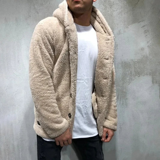 Men's Warm Plush Hooded Cardigan - Long Sleeve