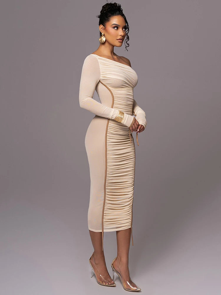 Backless Ruched Midi Dress for Women with Diagonal Collar and Two-Layer Mesh Long Sleeves