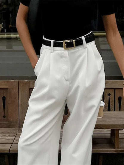 Women's High-Waisted Pocket Pants - White Patchwork  Wide-Leg Trousers