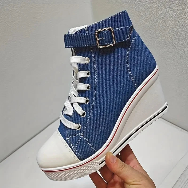 Women's Denim Wedge Sneakers - Lace-Up Ankle Canvas Shoes with 8cm Heels