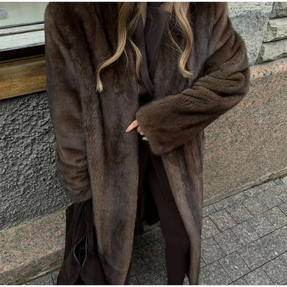 Women's Long Plush Faux Fur Coat with Lapel