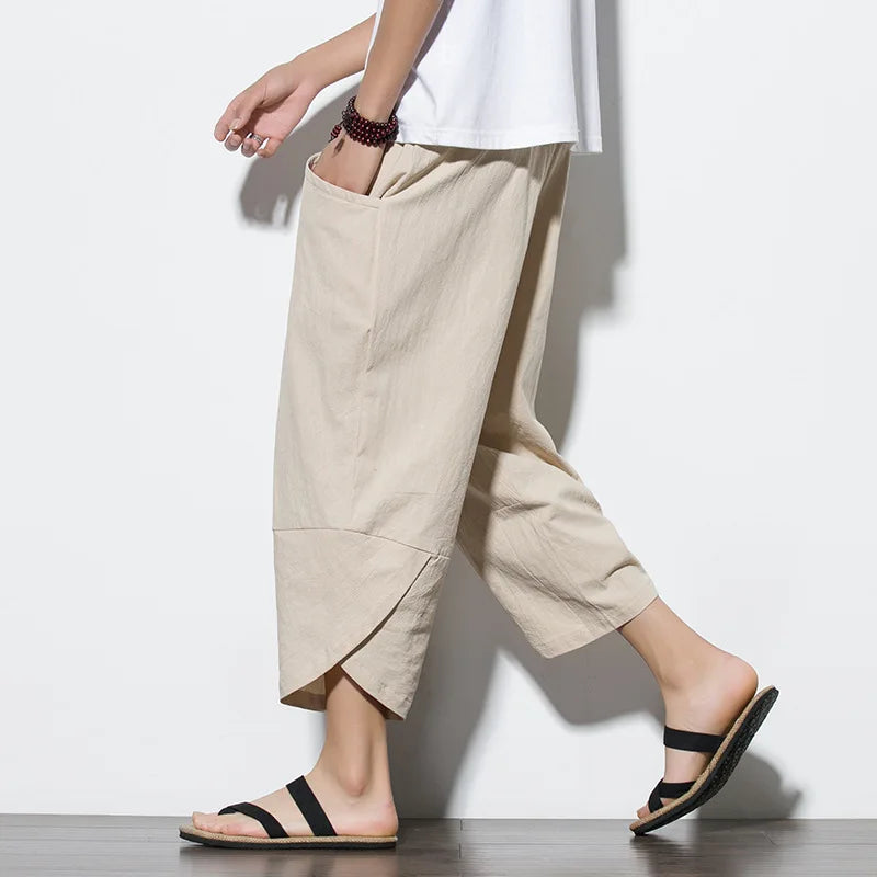 Men's Baggy Linen Cropped Trousers with Large Pockets - Oversized Loose Fit