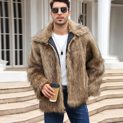 Men's Thick Fluffy Faux Fur Coat with Long Sleeves