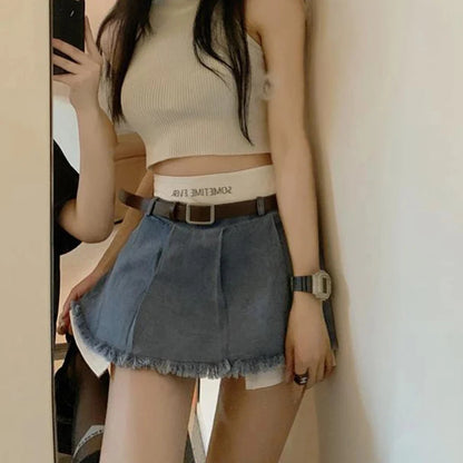 High-Waisted Denim Mini Skirt for Women with Tassel Pleats