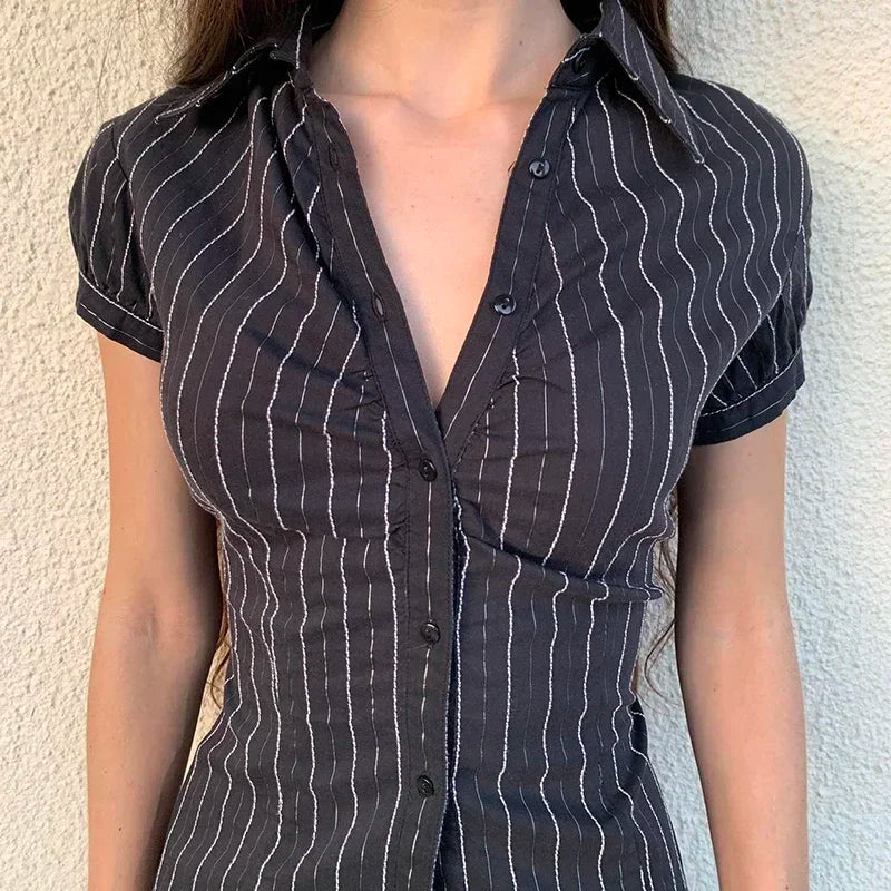 Chic Elegant Striped Button-Up Blouse for Women with Turn-Down Collar