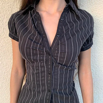 Chic Elegant Striped Button-Up Blouse for Women with Turn-Down Collar