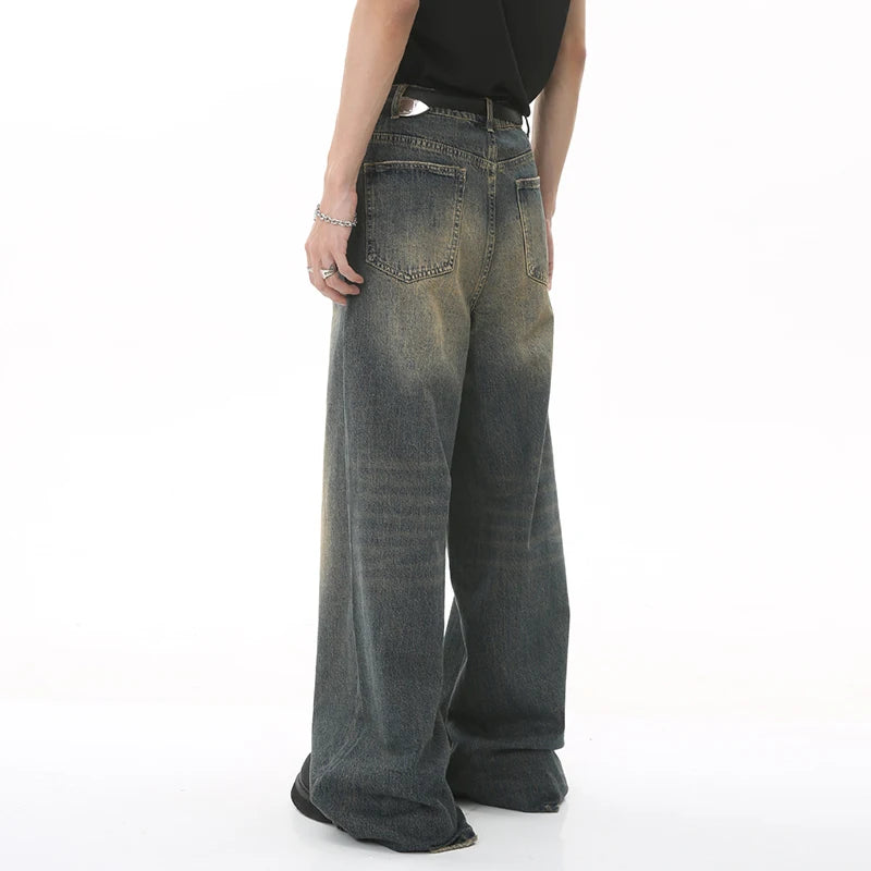 Men's Retro Washed Wide Leg Denim Jeans - Casual Street Style