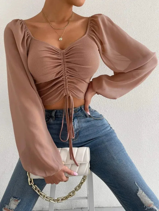 Drawstring Wrap Chest Long Sleeve Blouse for Women - Various Colors