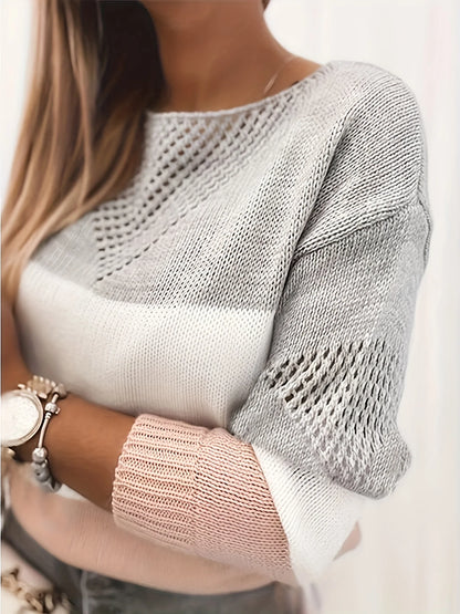 Women's Knitted Sweater with Color Panel and Cut-Out Neckline