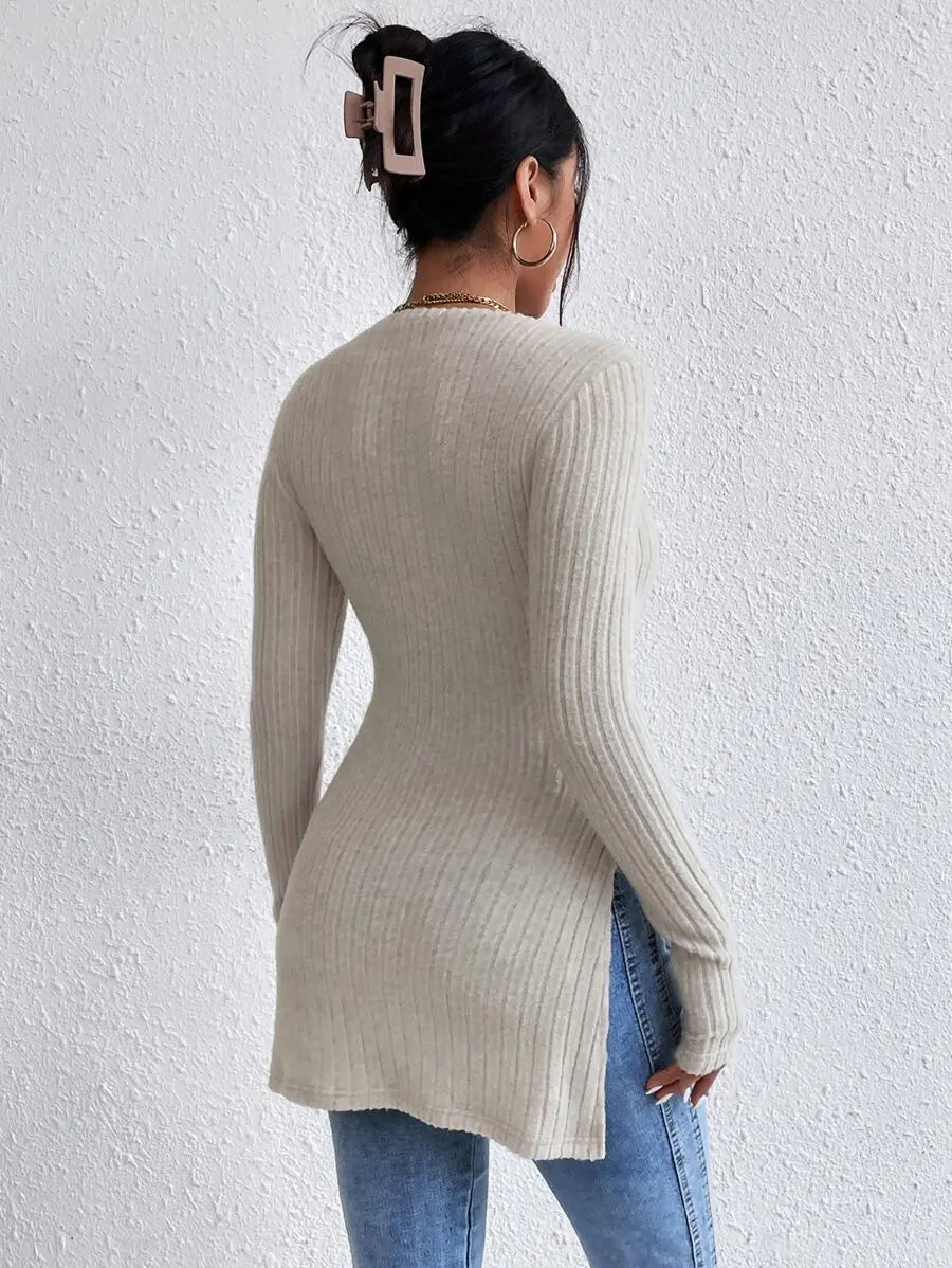 Women's Elegant Warm Slim Fit Long Sleeve Sweater with Side Slit