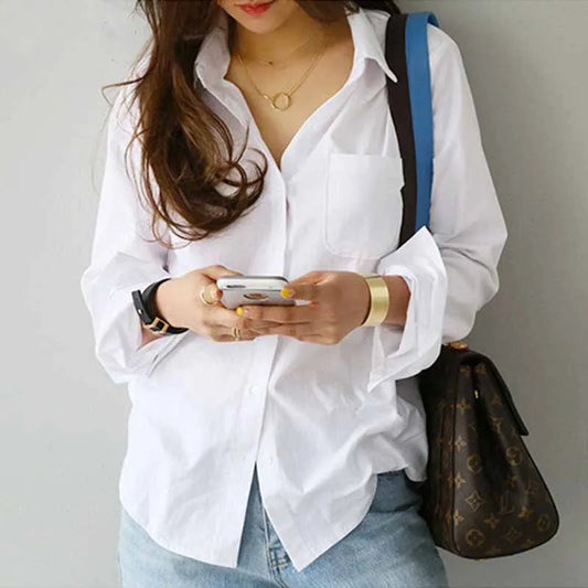 Casual Women's Long Sleeve White Cotton Shirt - Loose Fit Button-Up